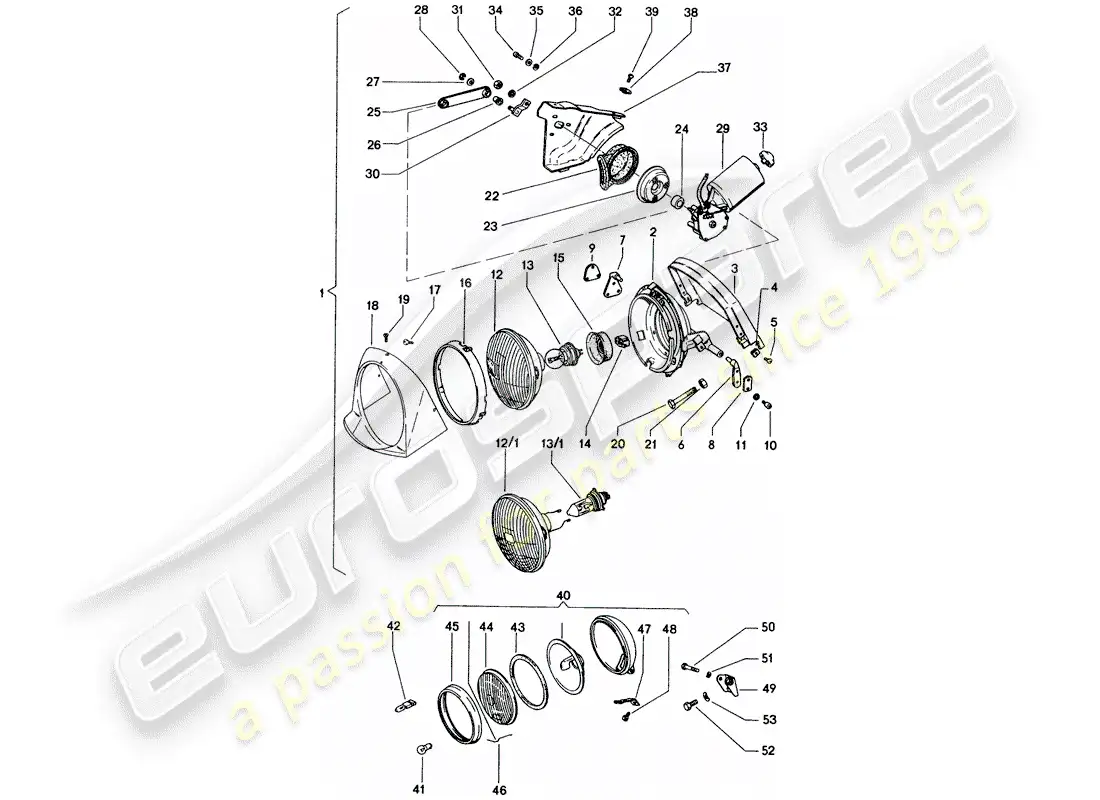 porsche 1971 (914) lámpara de cabeza diagrama de piezas