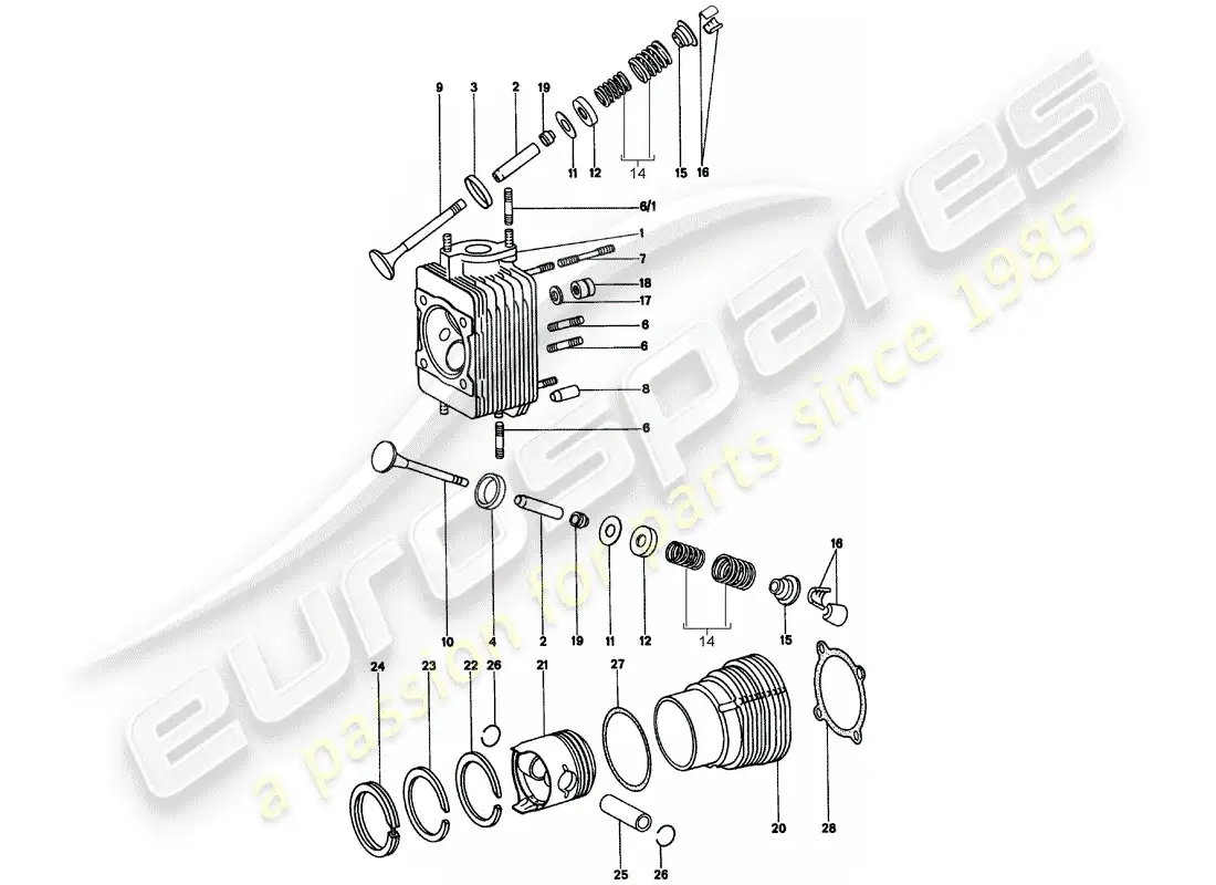 porsche 1971 (914) culata - cilindro con pistones diagrama de piezas