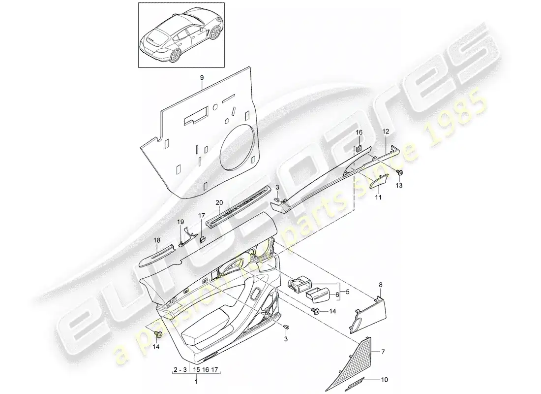 porsche 2012 (panamera 970) diagrama de piezas del panel de puerta