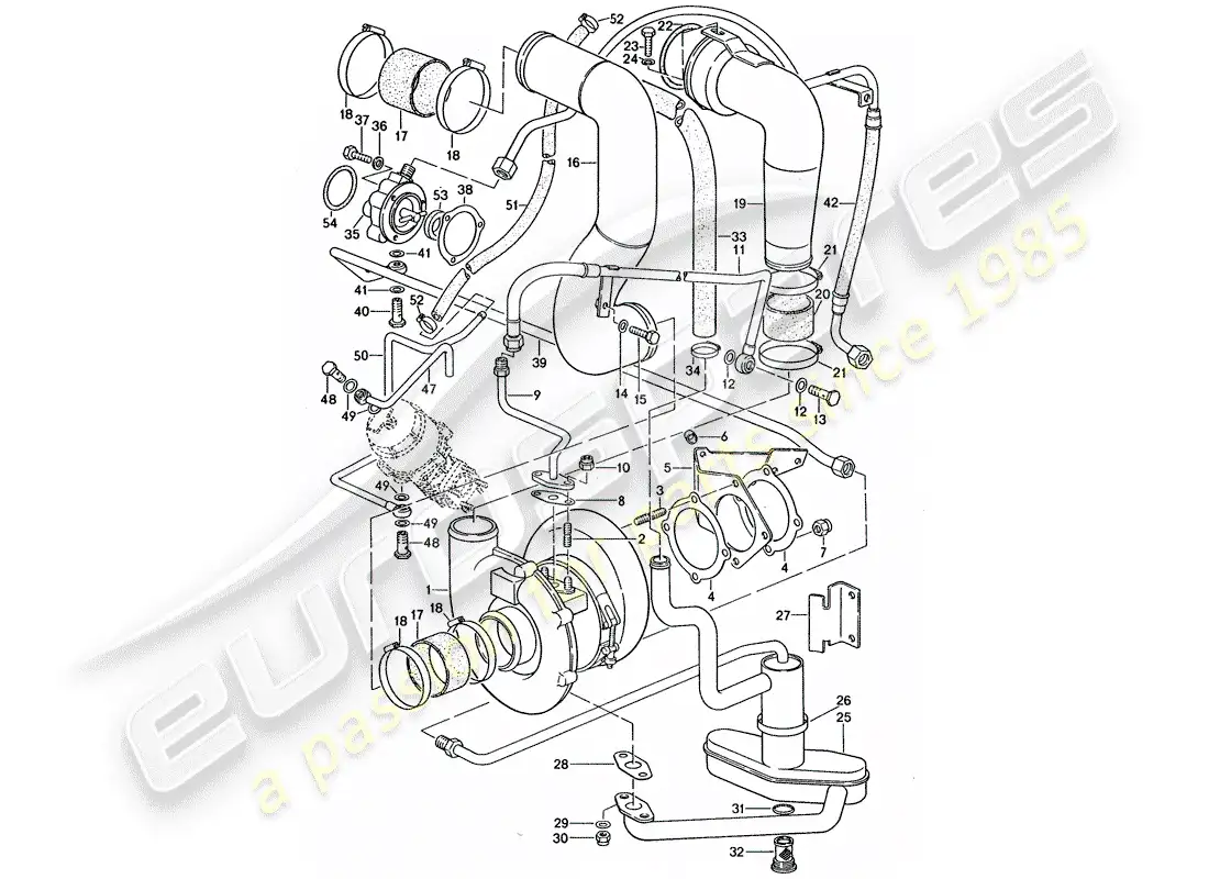 porsche 1976 (911 turbo) turbocompresor de gases de escape y válvula de bypass diagrama de piezas