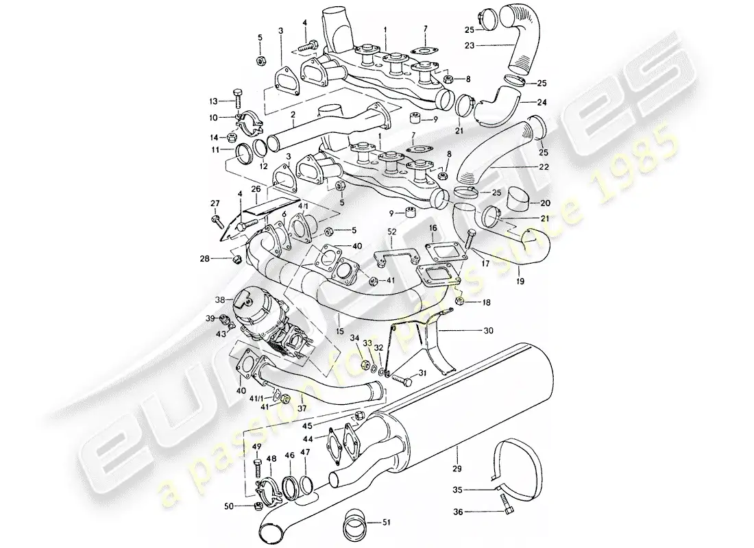 porsche 1976 (911 turbo) sistema de escape diagrama de piezas