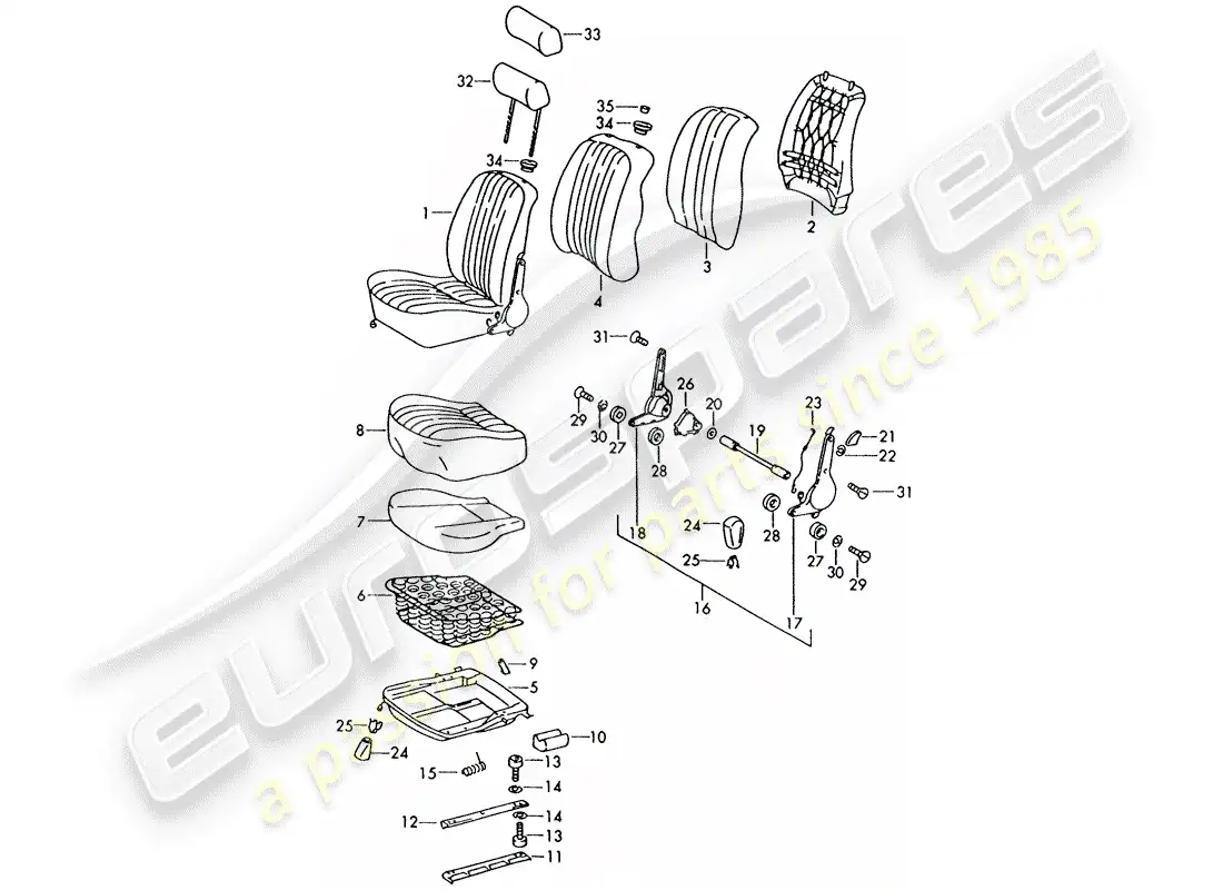 porsche 1970 (911) asiento delantero diagrama de piezas