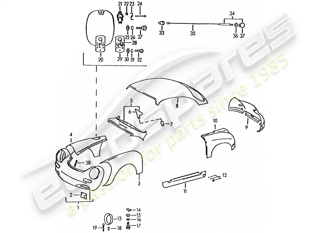 porsche 1963 (356b/356c) paneles exteriores diagrama de piezas
