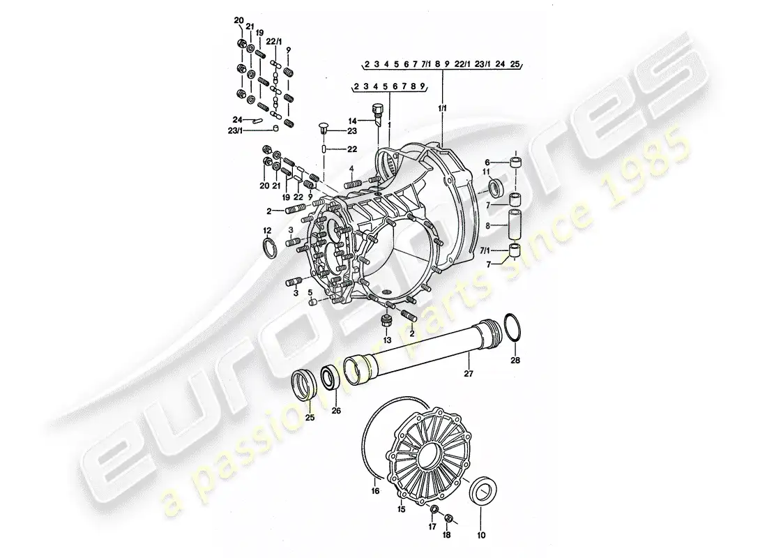 porsche 1976 (911 turbo) transmisión de reemplazo - caja de transmisión diagrama de piezas