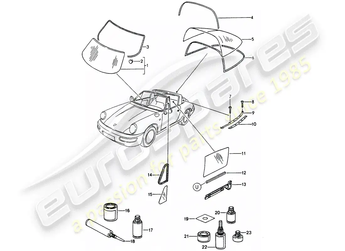 porsche 1989 (964) acristalamiento de ventanas diagrama de piezas