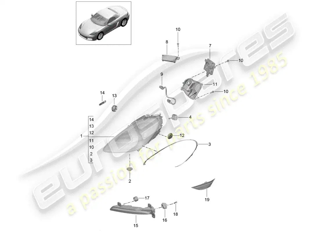 porsche 2019 (718 boxster) lámpara de cabeza diagrama de piezas