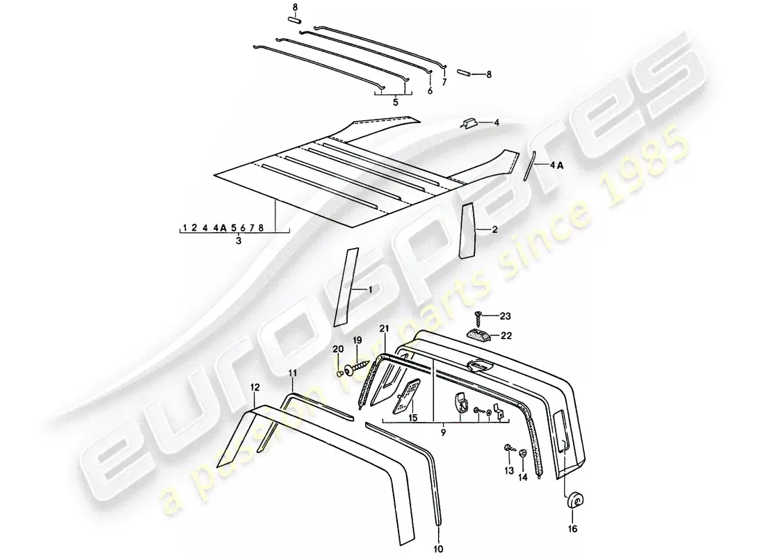 porsche 1985 (911) equipamiento interior - techo - barra antivuelco diagrama de piezas