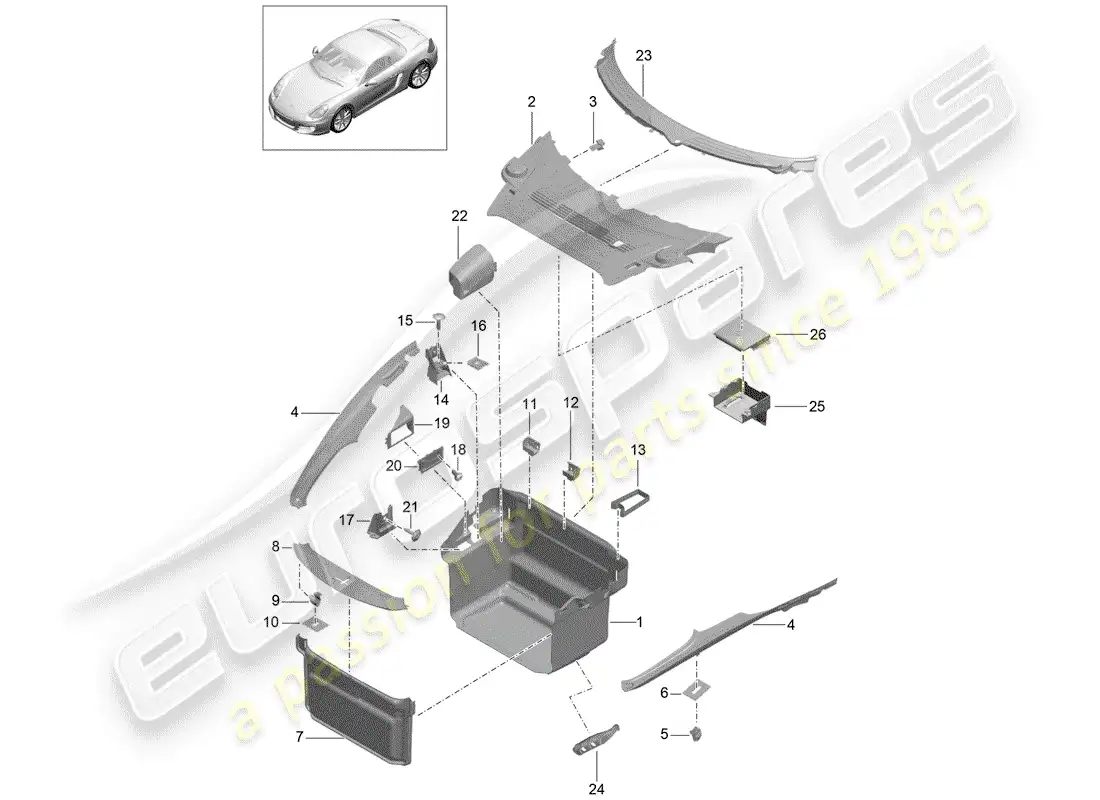 porsche 2013 (981 boxster) compartimiento de equipaje diagrama de piezas