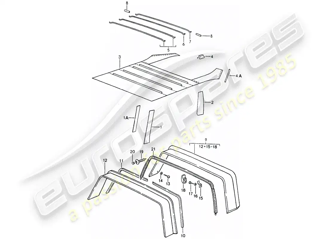 porsche 1989 (964) equipamiento interior - techo - barra antivuelco diagrama de piezas