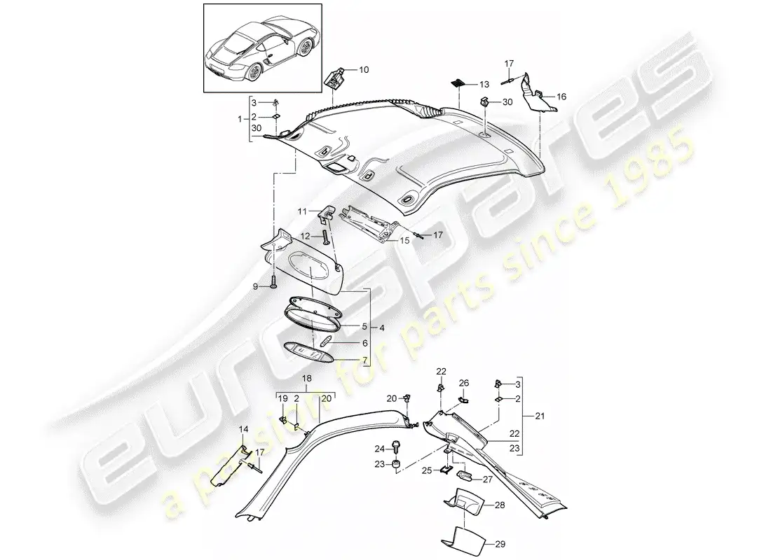 porsche 2006 (987 cayman) panel de adorno de techo diagrama de piezas