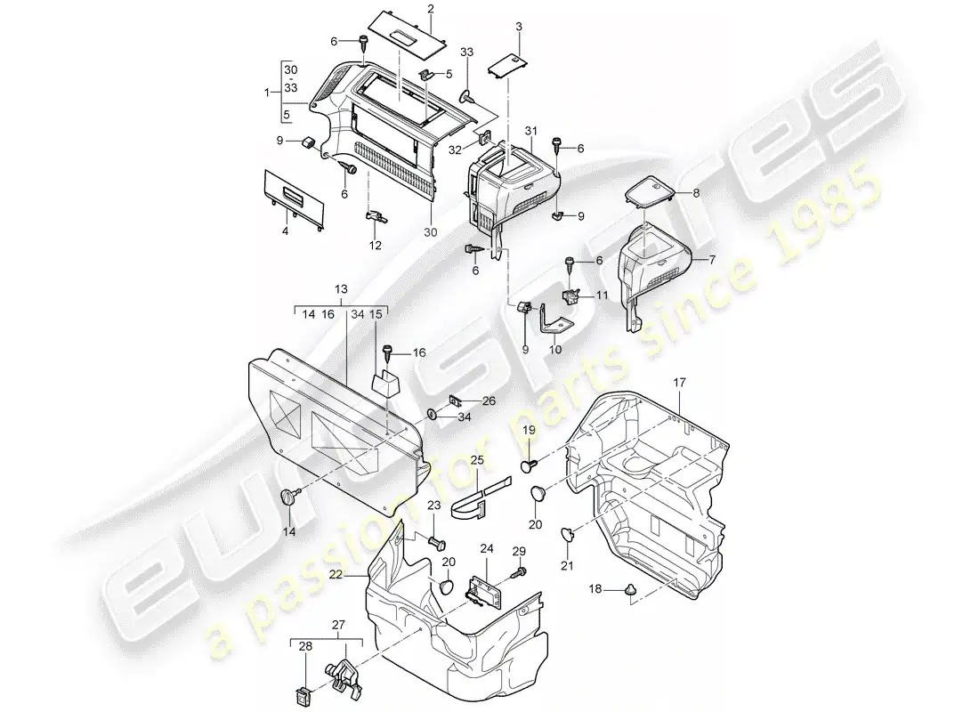 porsche 2006 (987 cayman) compartimiento de equipaje diagrama de piezas