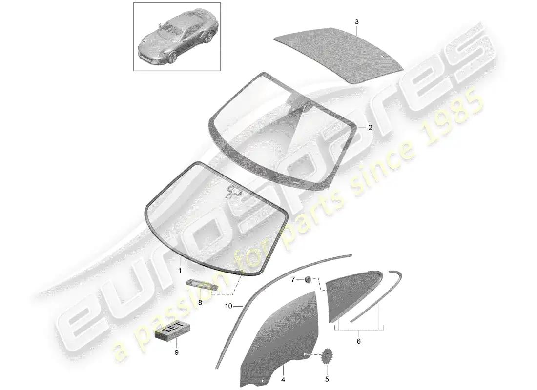 porsche 2015 (991-1 turbo) vidrio del parabrisas diagrama de piezas
