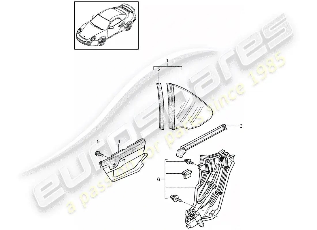 porsche 2011 (997-2 turbo / gt2 rs) diagrama de piezas de la ventana lateral