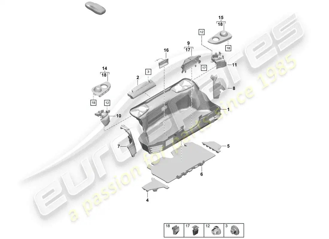 porsche 2019 (718 boxster spyder) forro de carga diagrama de piezas