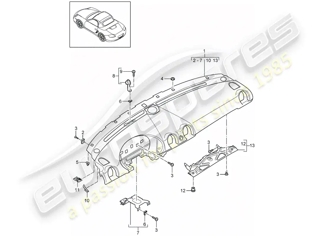 porsche 2010 (987 boxster) moldura del panel de instrumentos diagrama de piezas