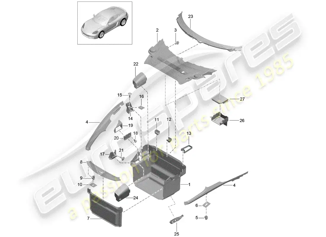 porsche 2018 (718 cayman) forro de bota diagrama de piezas