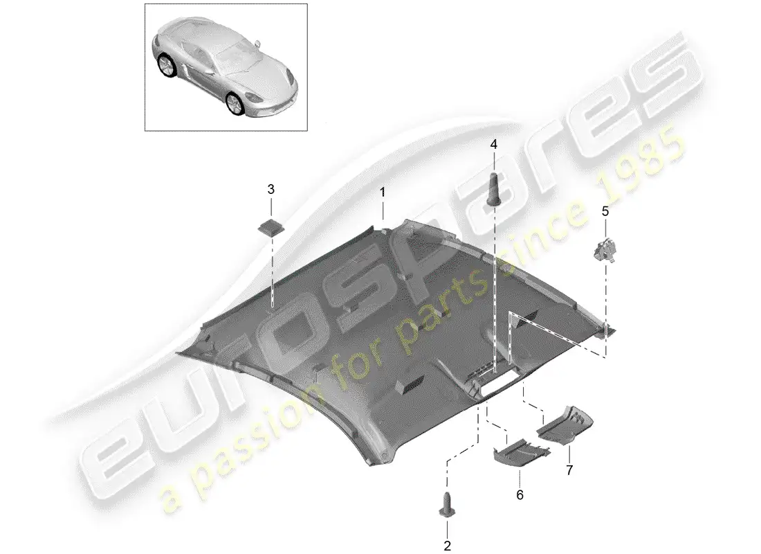 porsche 2019 (718 cayman) panel de adorno de techo diagrama de piezas