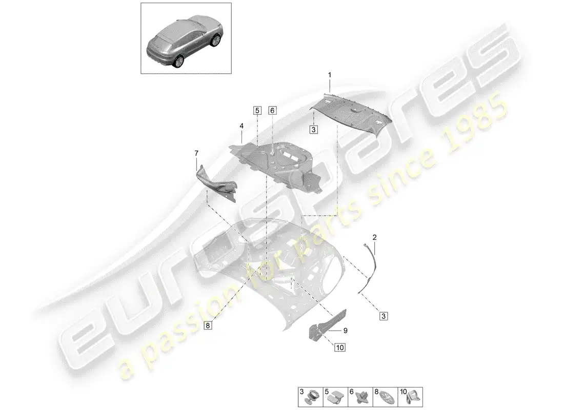 porsche 2019 (macan) amortiguación para el compartimento del motor diagrama de piezas