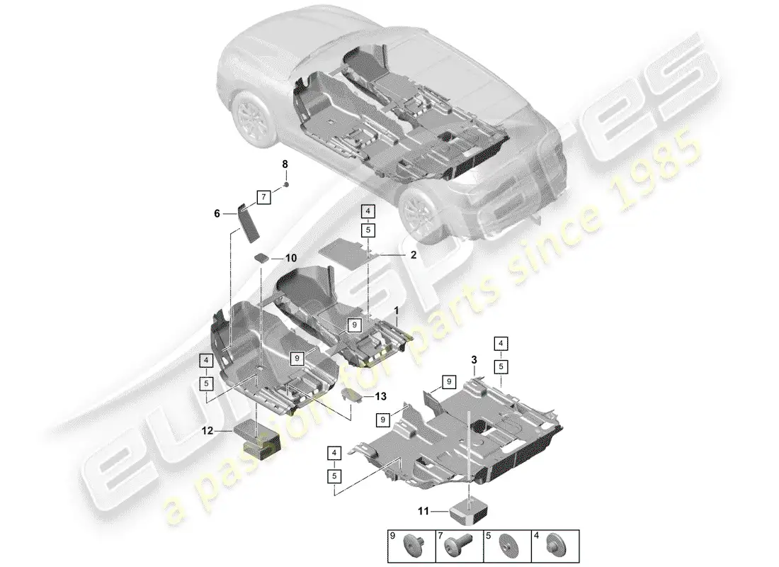 porsche 2019 (cayenne e3 9ya/9yb) cubierta de piso diagrama de piezas