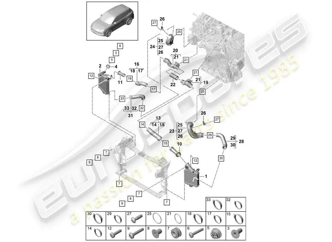 porsche 2020 (cayenne e3 9ya/9yb) enfriador de aire de carga diagrama de piezas
