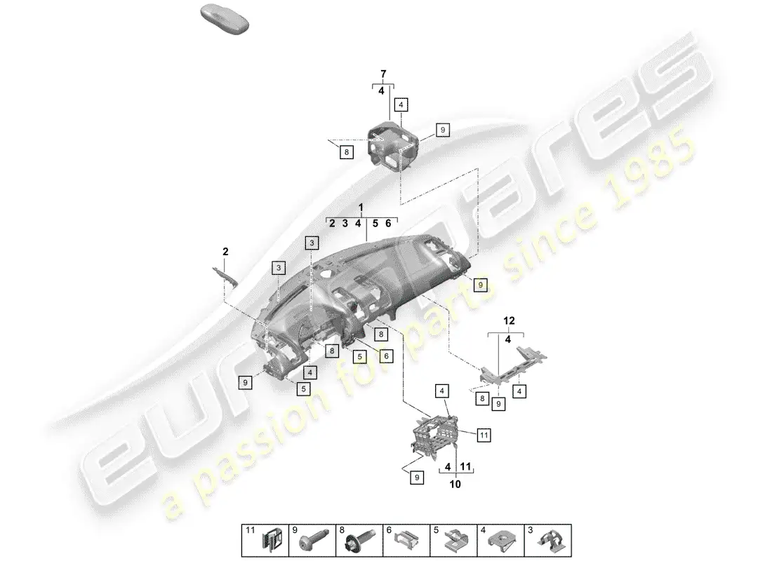 porsche 2020 (718 boxster spyder) moldura del panel de instrumentos diagrama de piezas