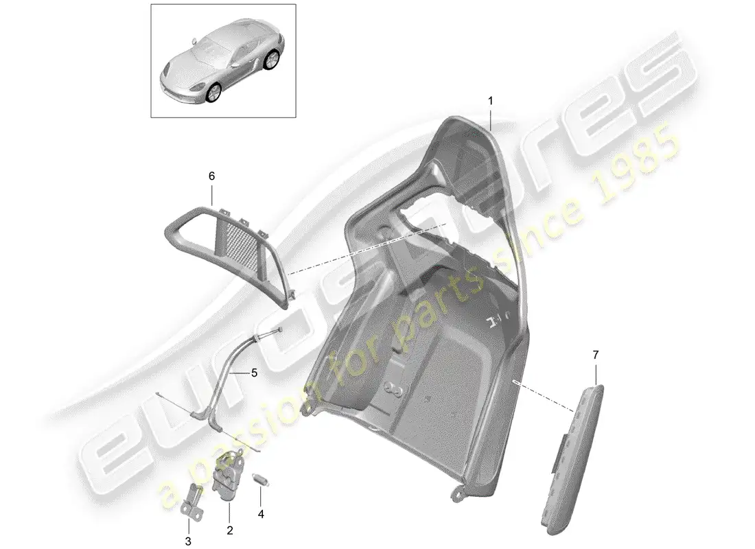 porsche 2020 (718 cayman) carcasa del respaldo diagrama de piezas