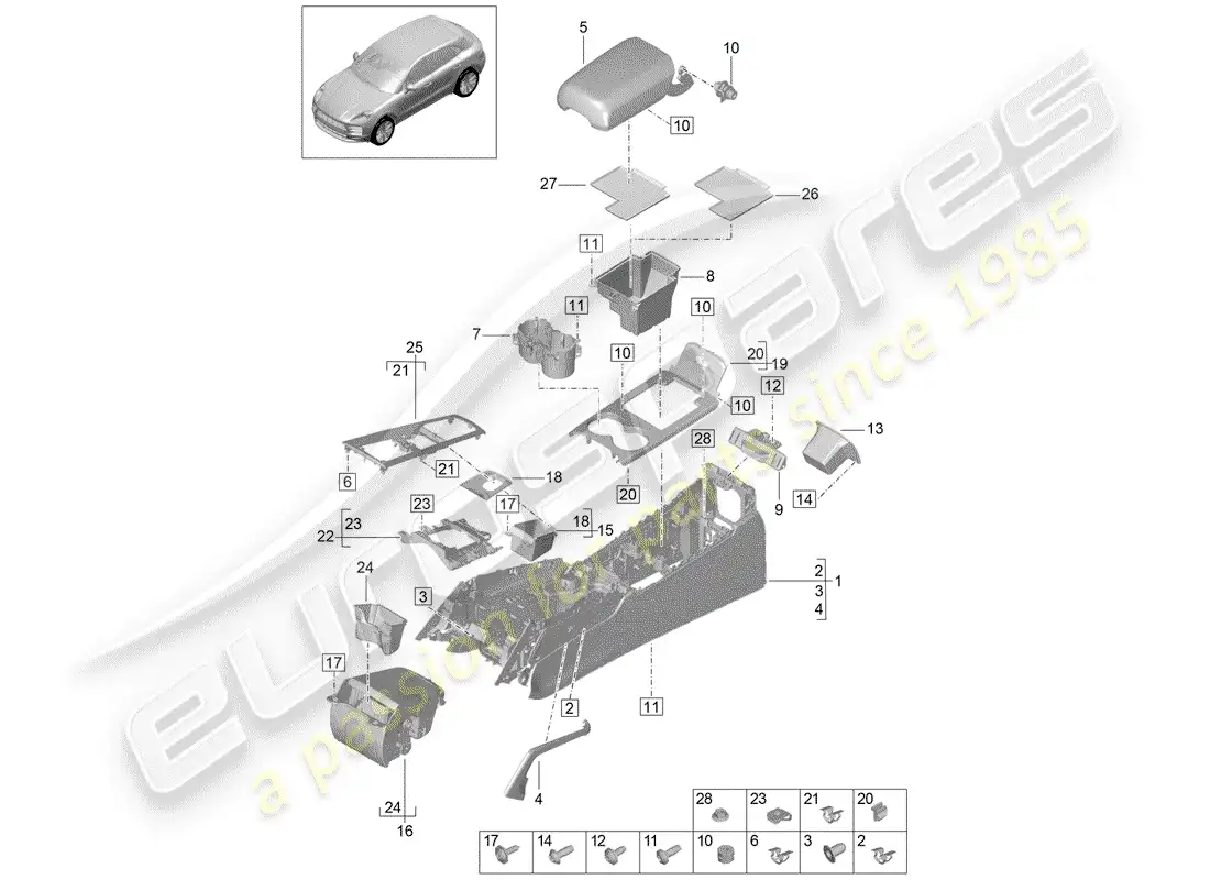 porsche 2019 (macan) center console diagrama de piezas