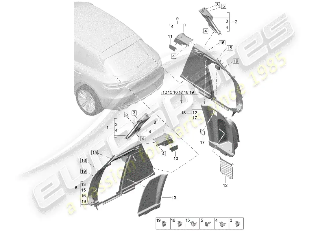 porsche 2019 (macan) recubrimiento diagrama de piezas