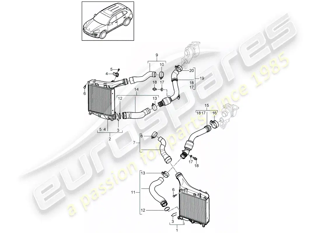 porsche 2013 (cayenne e2 92a) diagrama de piezas del enfriador de aire de carga