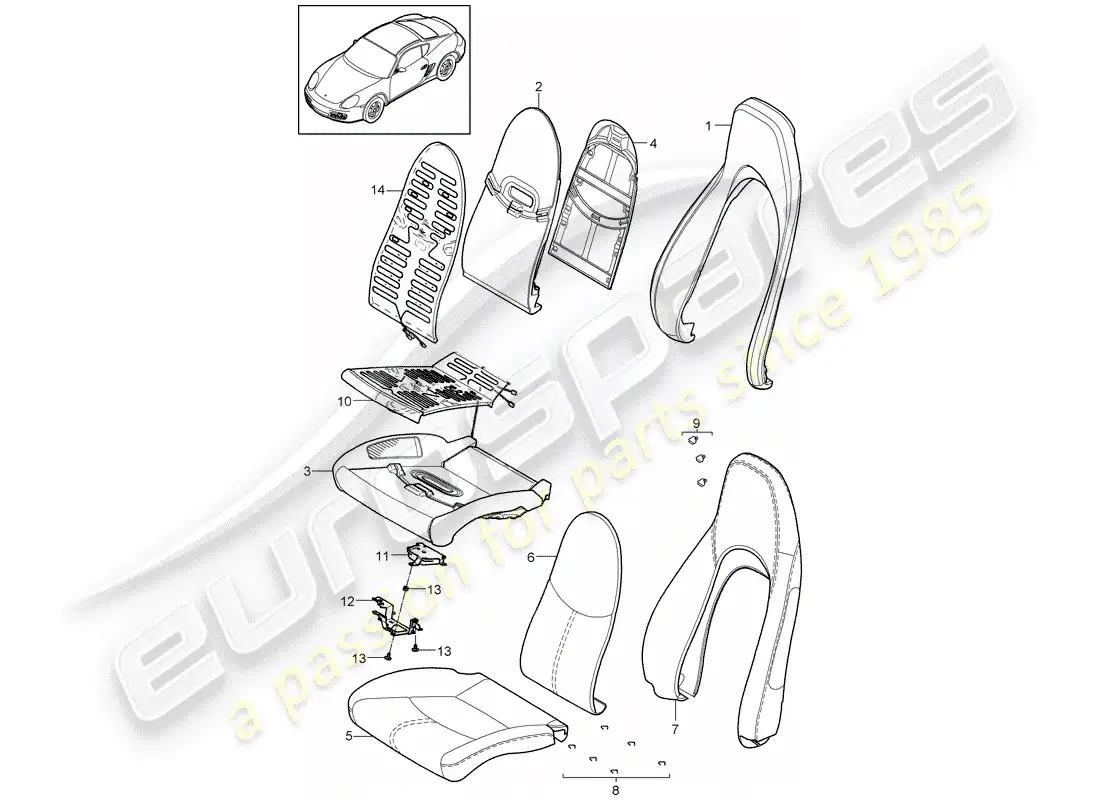 porsche 2009 (987 cayman) parte de espuma diagrama de piezas