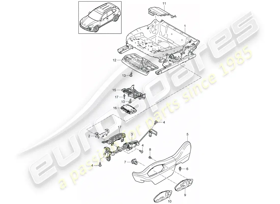 porsche 2016 (cayenne e2 92a) estructura del asiento diagrama de piezas