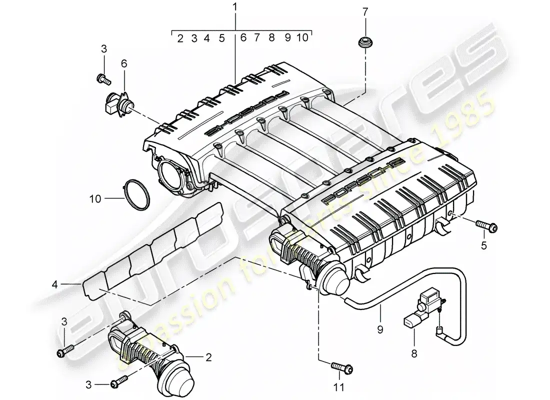 porsche 2010 (cayenne e1 9pa) colector de admisión diagrama de piezas