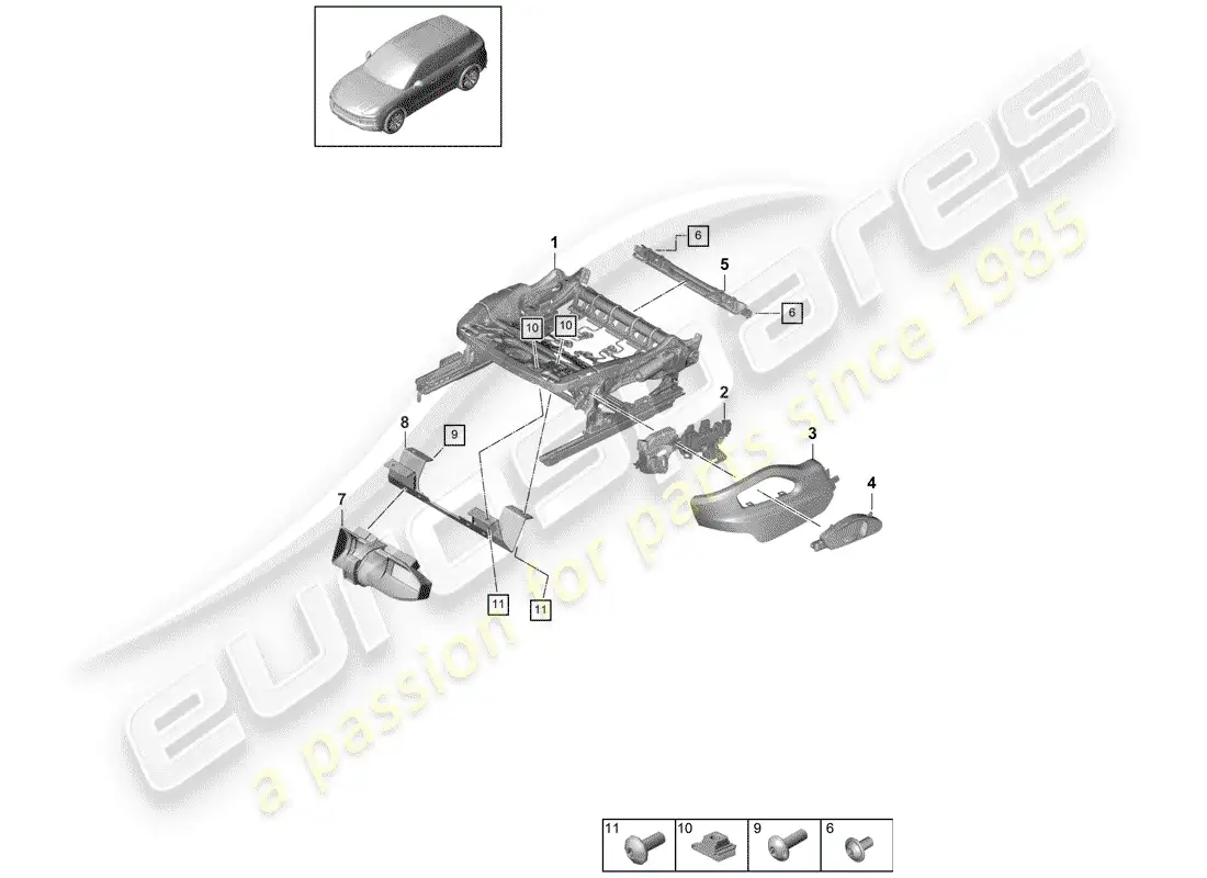 porsche 2020 (cayenne e3 9ya/9yb) estructura del asiento diagrama de piezas