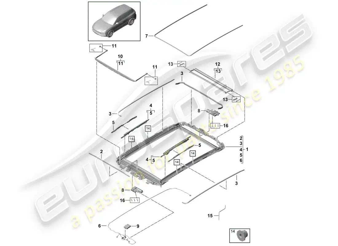 porsche 2018 (cayenne e3 9ya/9yb) techo de cristal diagrama de piezas