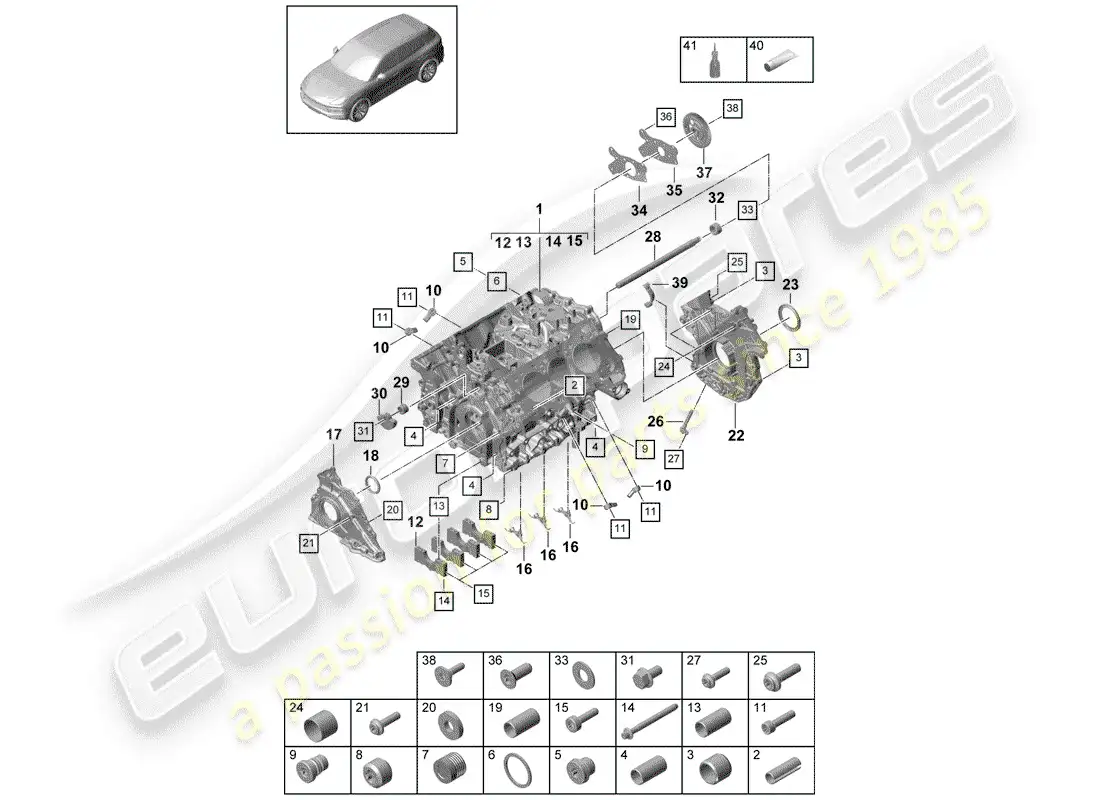 porsche 2018 (cayenne e3 9ya/9yb) crankcase diagrama de piezas