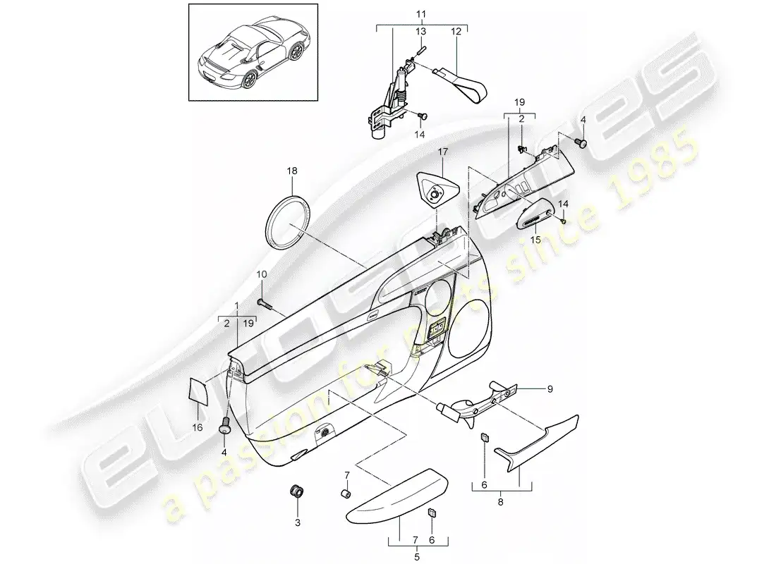 porsche 2010 (987 boxster) panel de la puerta diagrama de piezas