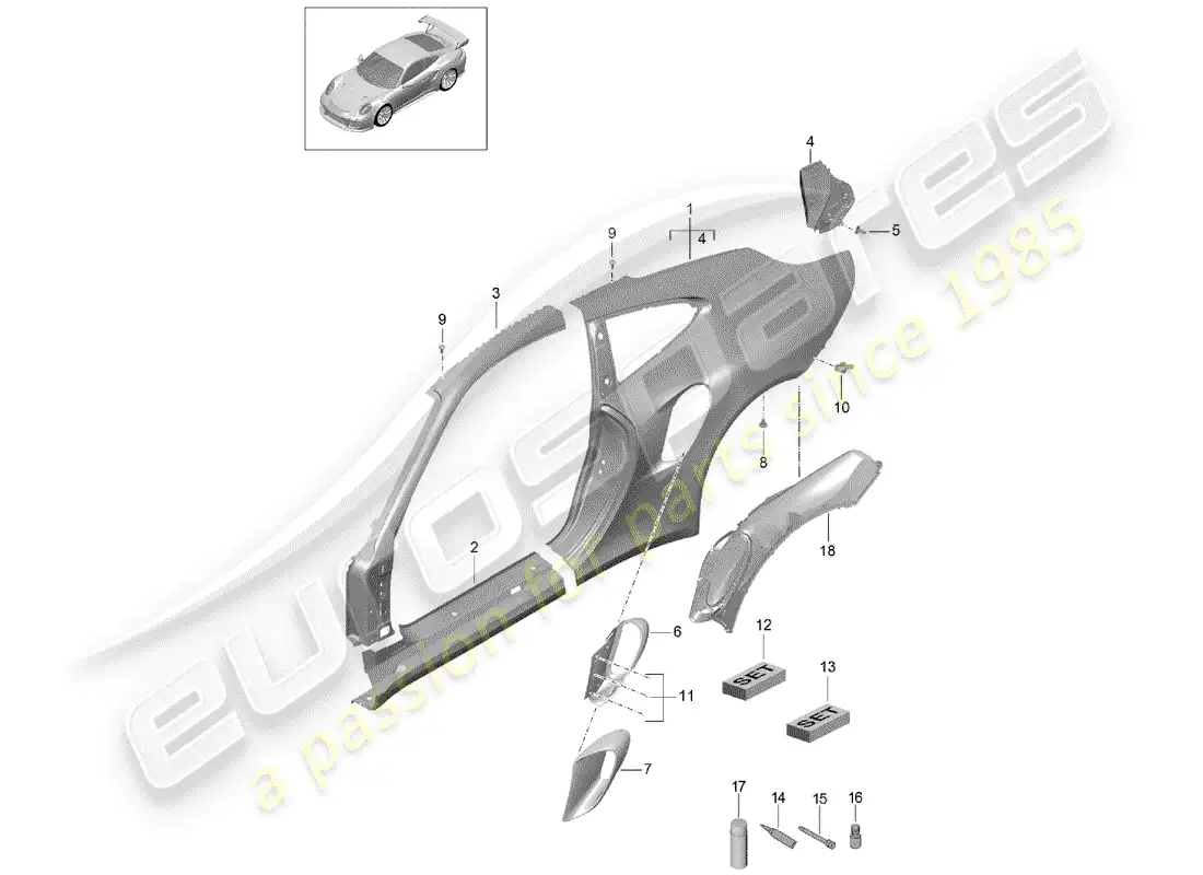 porsche 2016 (991-1 turbo) panel lateral diagrama de piezas