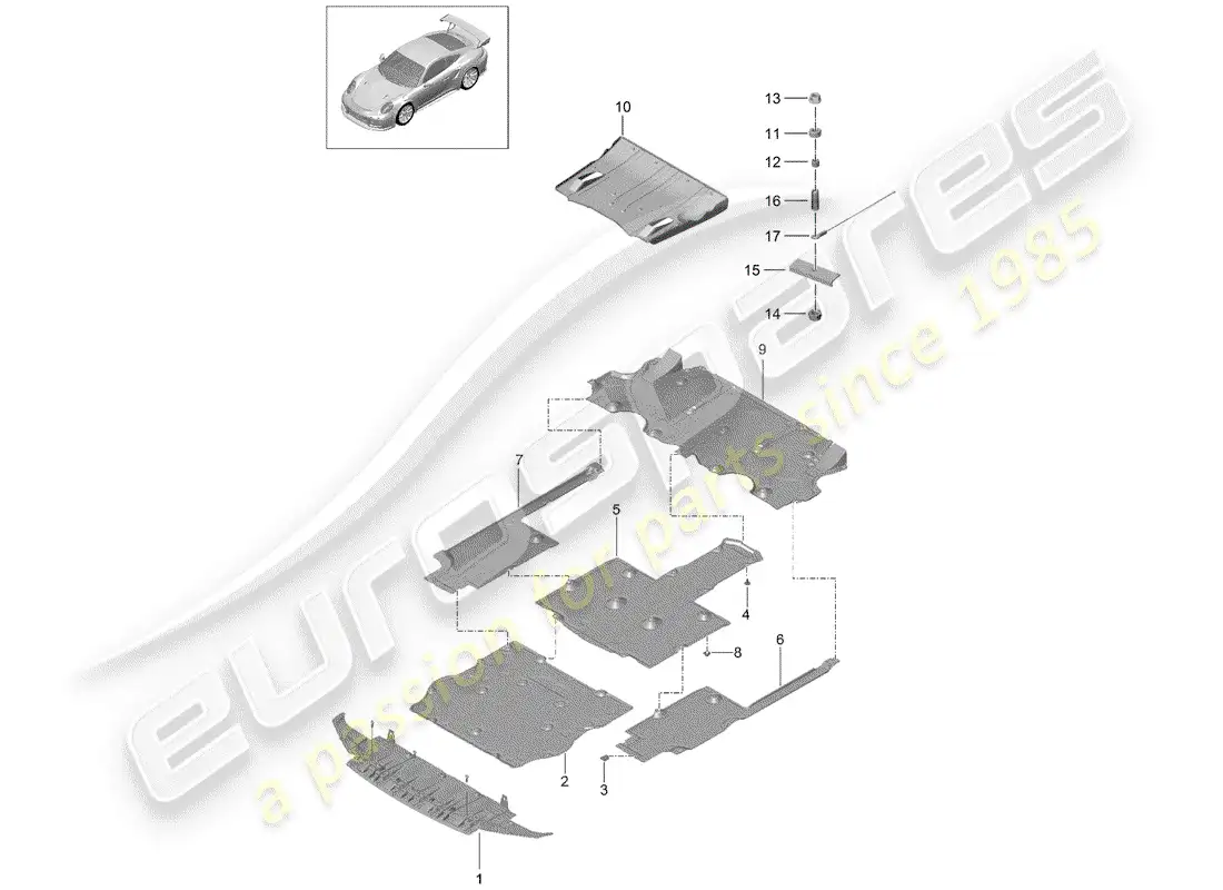porsche 2016 (991-1 turbo) revestimiento de bajos diagrama de piezas