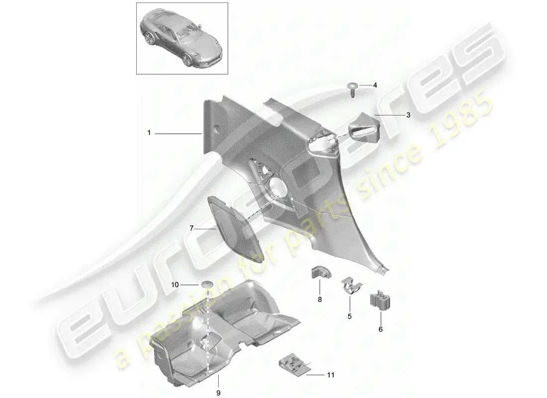porsche 2017 (991-2 turbo) panel de adorno de cuarto diagrama de piezas