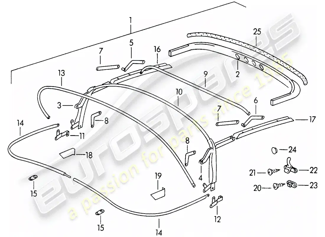 porsche 1952 (356/356a) marco superior - cubierta de lona diagrama de piezas