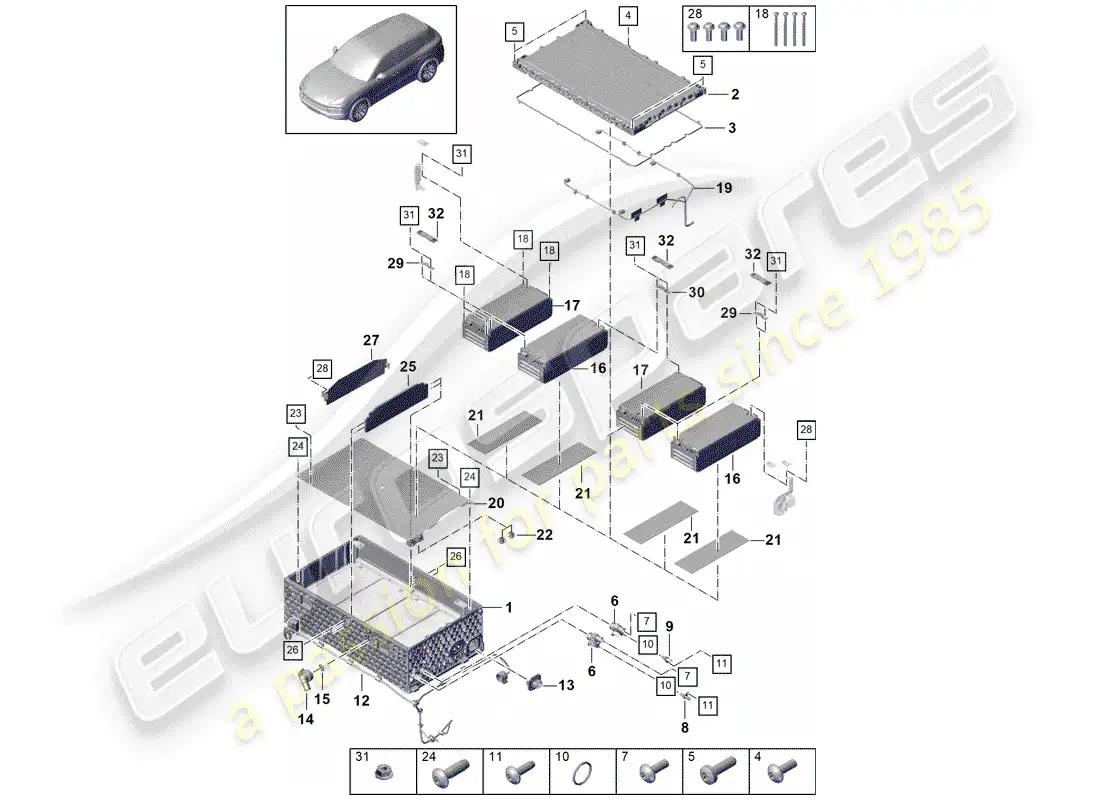 porsche 2018 (cayenne e3 9ya/9yb) batería híbrida diagrama de piezas