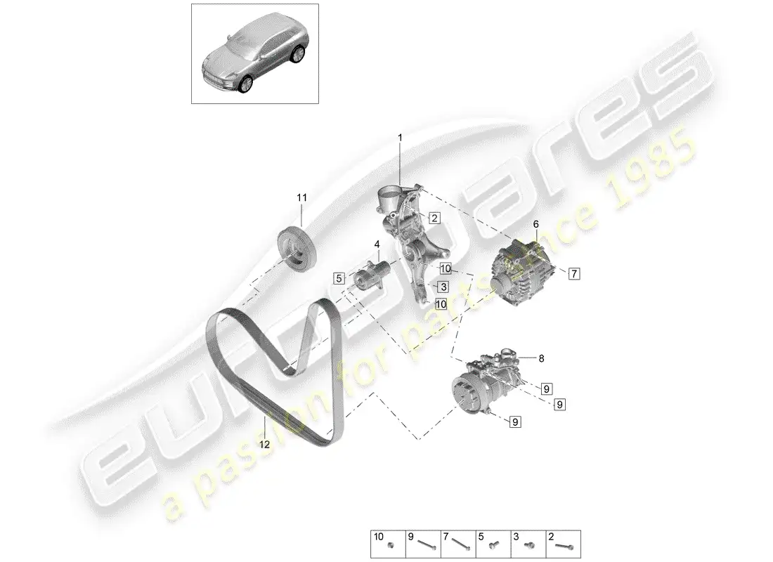 porsche 2019 (macan) cinturón acanalado en v diagrama de piezas