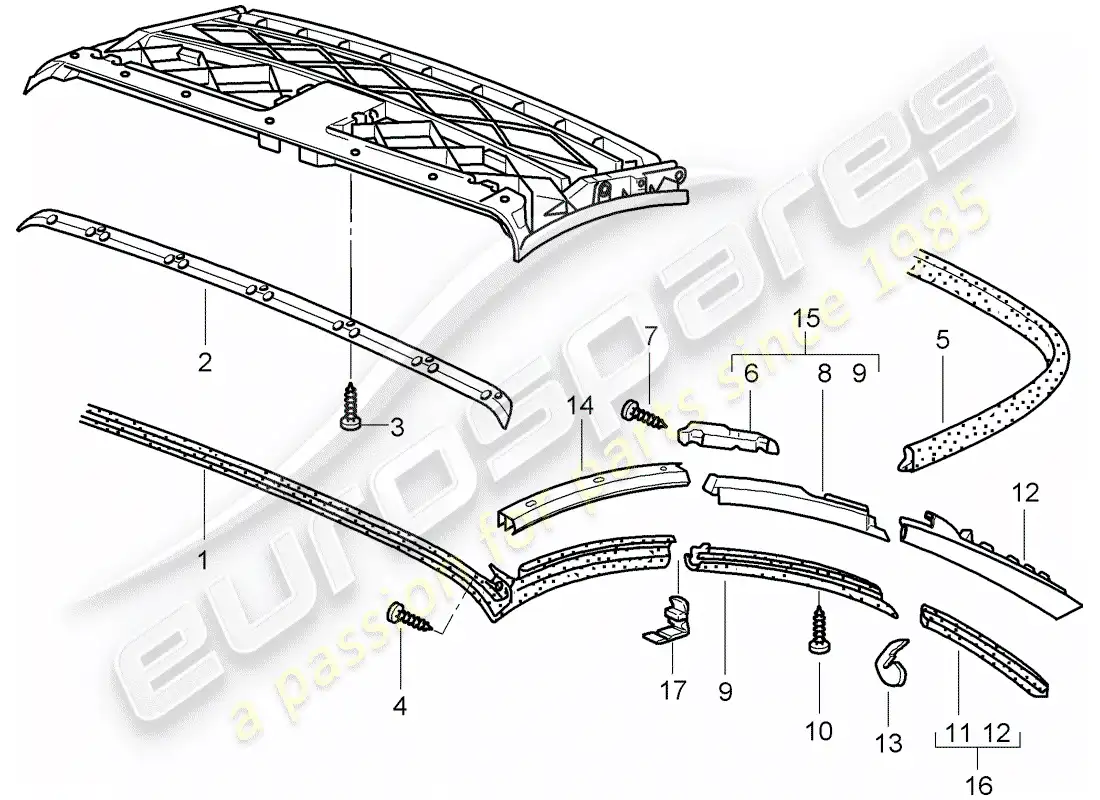 porsche 2005 (996) top convertible - tira de sello diagrama de piezas