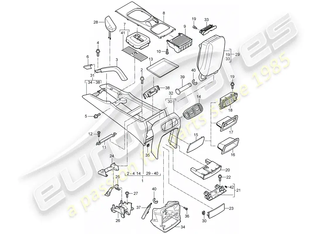 porsche 2010 (cayenne e1 9pa) center console diagrama de piezas