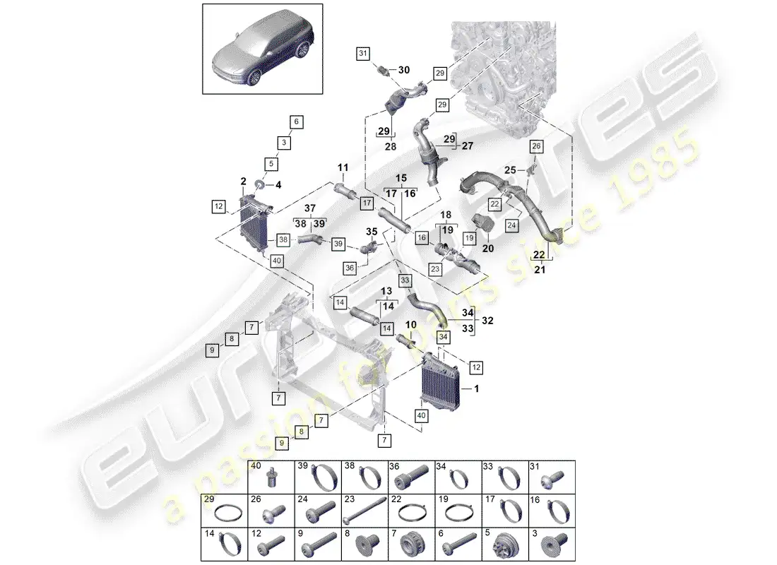 porsche 2019 (cayenne e3 9ya/9yb) enfriador de aire de carga diagrama de piezas