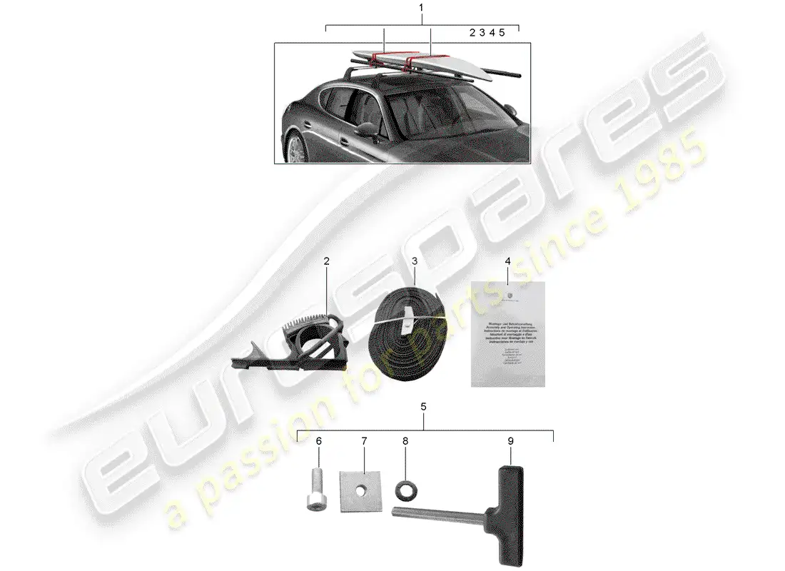 porsche 2011 (tequipment panamera) portabablas de surf diagrama de piezas
