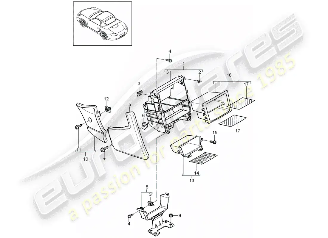 porsche 2012 (987 boxster) center console diagrama de piezas