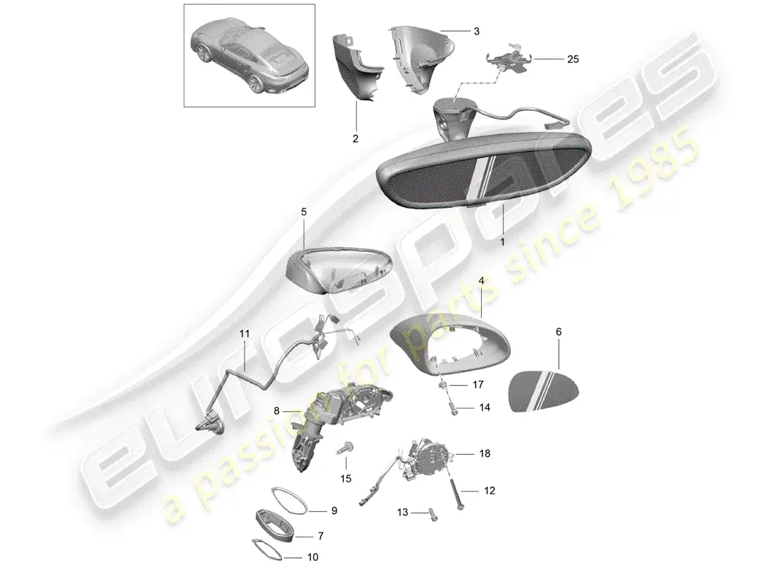 porsche 2016 (991-1 turbo) espejo retrovisor interior diagrama de piezas