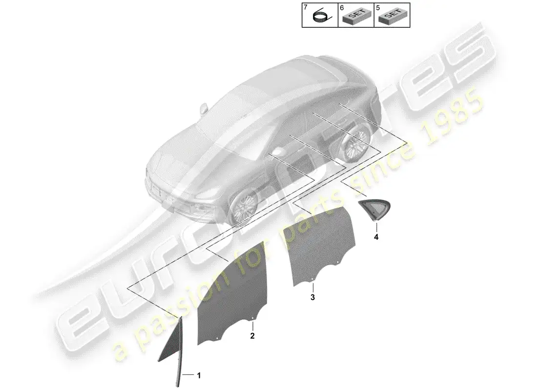 porsche 2018 (cayenne e3 9ya/9yb) ventana lateral diagrama de piezas
