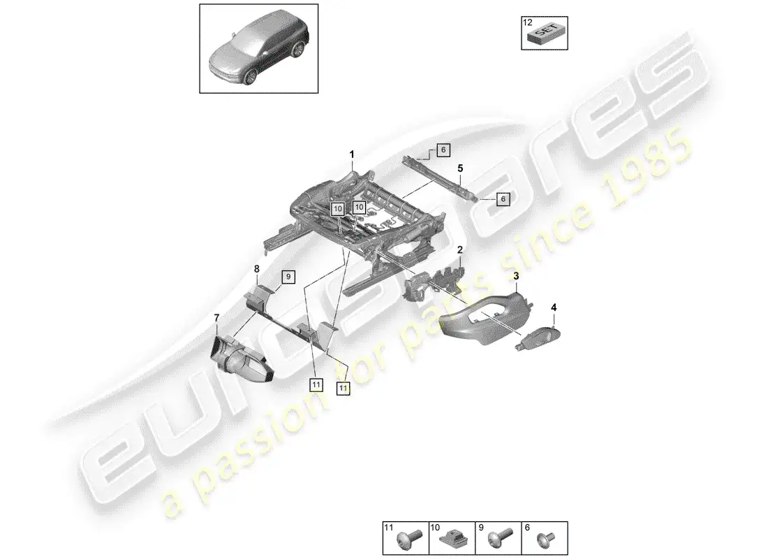 porsche 2018 (cayenne e3 9ya/9yb) estructura del asiento diagrama de piezas